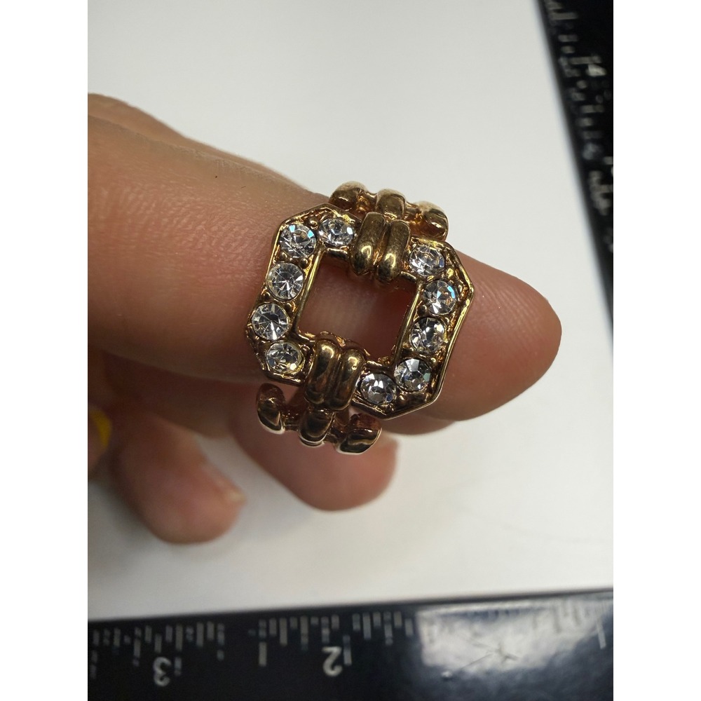 Gold Tone Buckle Statement Ring Clear Rhinestone Pave Cocktail Ring Size 7